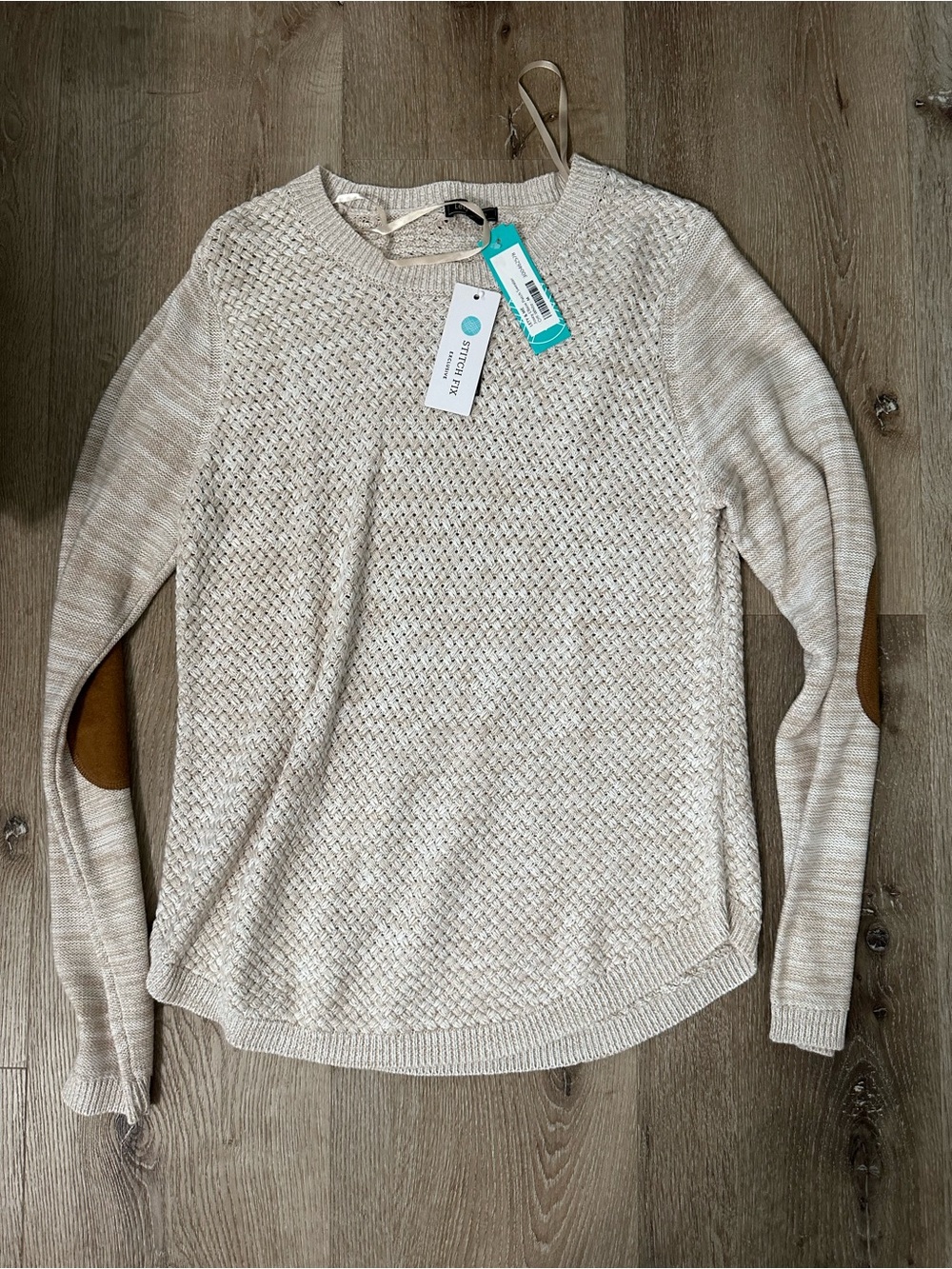 Light Cream Textured Knit Crewneck Sweater with Brown Elbow Patches